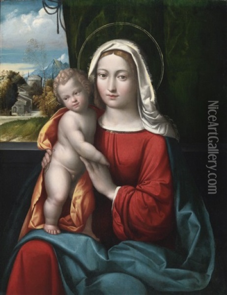 Madonna And Child Before A Curtain, A Mountainous Landscape Beyond Oil Painting - Benvenuto Tisi da Garofalo