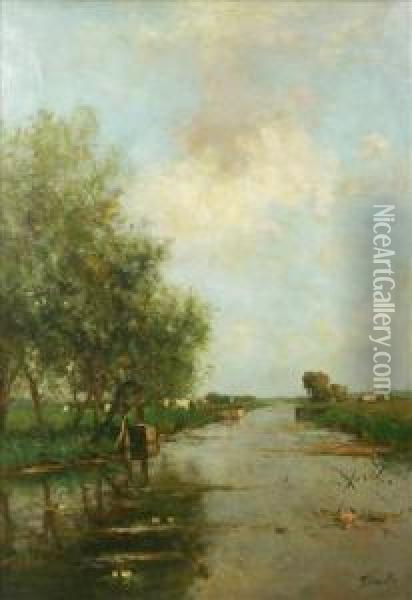 A Dutch Canal Oil Painting - Victor Bauffe