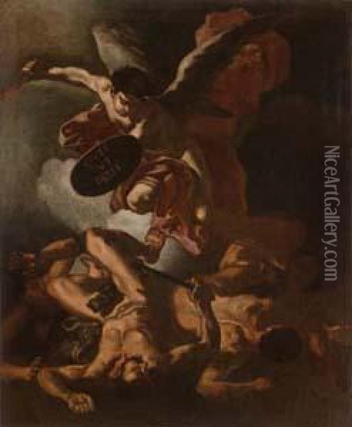 San Michele Che Scaccia Gli Angeli Ribelli Oil Painting - Francesco Di Bartolo