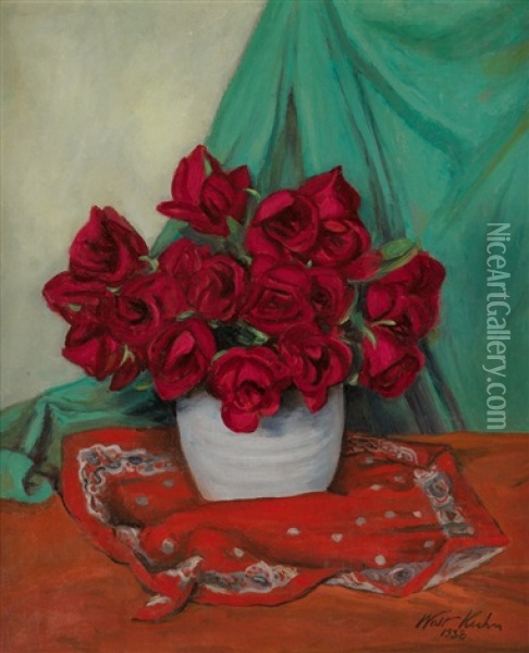 Still Life With Red Roses Oil Painting - Walt Kuhn