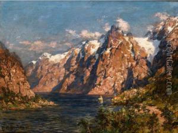 Fjordlandschaft Mit Verschneiten Gipfeln Oil Painting - Carl August H. Oesterley