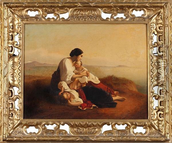 An Italian Contadina With Her Children Oil Painting - August Riedel