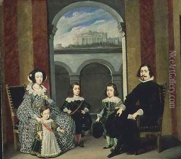 Francesco Tapia Conte del Vasto with his Family seated in an interior of the Palazzo Tapia with a View of the Castello di Sant Elmo Oil Painting - Wolfgang Heimbach