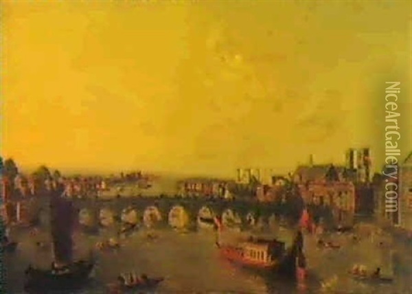 A View Of The Thames At Westminister Bridge With            Westminister Hall, The Abbey Oil Painting - Joseph Nichols