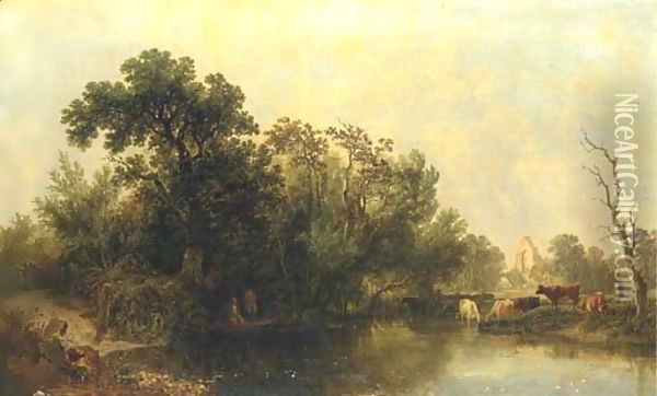 Anglers fishing beside a ruined Abbey Oil Painting - Henry John Boddington