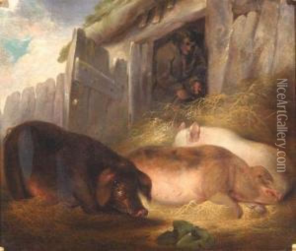 Pigs Feeding Oil Painting - James Smith Morland