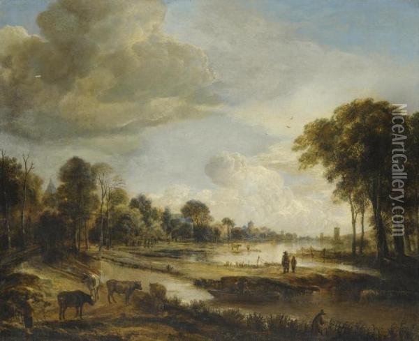 A River Landscape With Figures And Cattle Oil Painting - Aert van der Neer