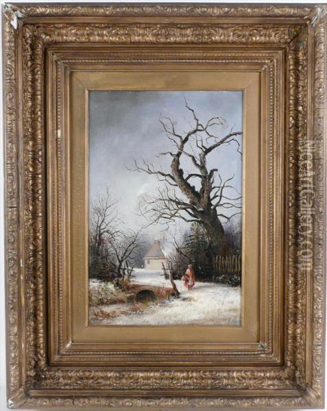 Winter Scene With Peasant Oil Painting - John Edwards
