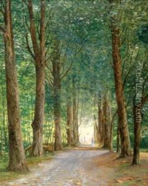A Walk Beneath A Canopy Of Trees, Frederiksvaerk Oil Painting - Anton Erik Ch. Thorenfeld