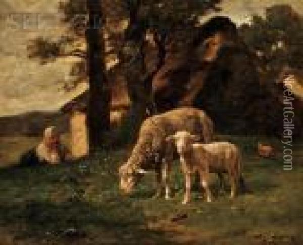 View Of A Shepherdess Watching A Grazing Ewe And Lamb Atpasture Oil Painting - Charles Emile Jacque