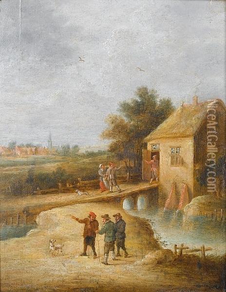 A Village Inn Beside A River, Peasants With Their Dog In The Foreground Oil Painting - David The Younger Teniers