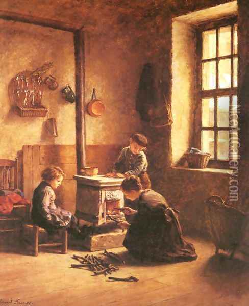 Lighting the Stove Oil Painting - Edouard Frere