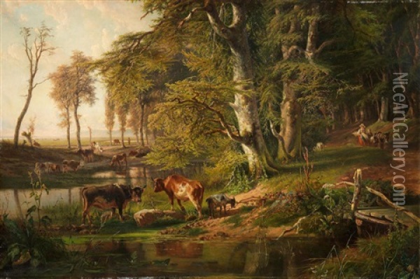 Cattle By A Wooded Stream, Oosterbeek Oil Painting - Paul Joseph Constantin Gabriel
