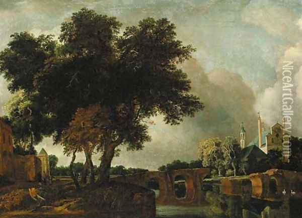 A wooded river landscape with a stone bridge, a church beyond Oil Painting - Jan Van Kessel III