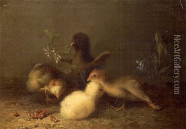 Four Chicks Oil Painting - Mary Russell Smith