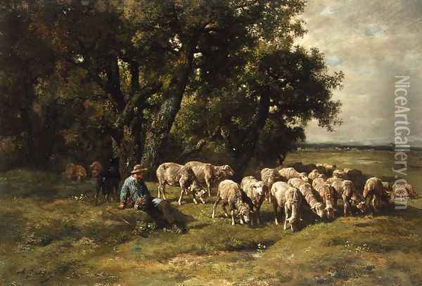 A Shepherd with His Flock Oil Painting - Charles Emile Jacque
