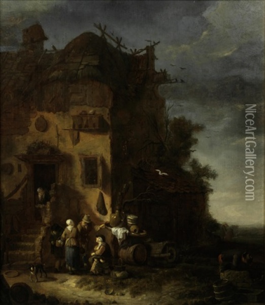A Peasant Family Before A Farmhouse Oil Painting - Egbert Lievensz van der Poel