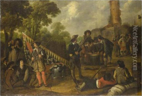 A Camp Scene With Soldiers Resting And Playing Dice Oil Painting - Cornelis de Wael