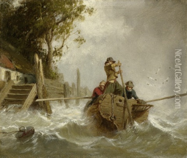 Drei Fischer In Einem Boot Auf Dem Aufgewuhlten Chiemsee Oil Painting - Adolf Heinrich Lier