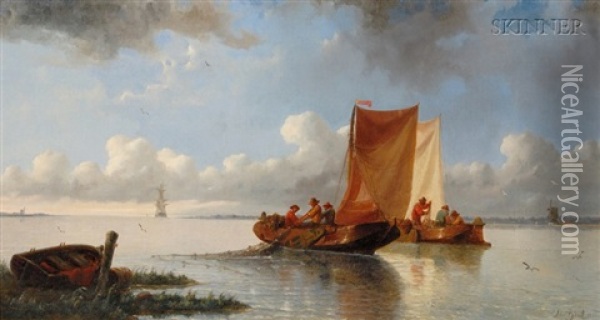 Pulling In The Nets Oil Painting - Albertus Van Beest