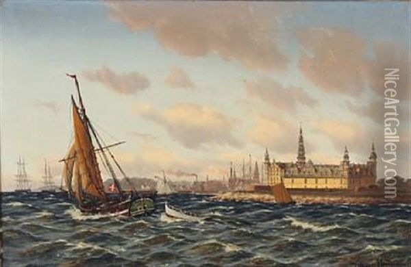 Sailing Ships Off The Coast Of Kronborg Castle Oil Painting - Johan Jens Neumann