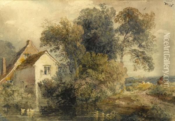 Cottage Scene, Watercolour Oil Painting - Peter de Wint