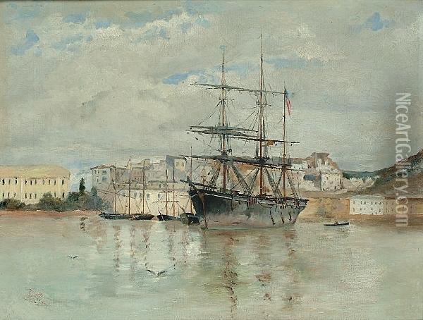A Us Tall Ship In Harbour Oil Painting - Elenore Plaisted Abbott