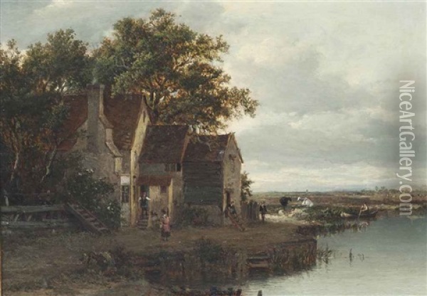A River Landscape With Figures By A Cottage, Cattle Beyond Oil Painting - Patrick Nasmyth