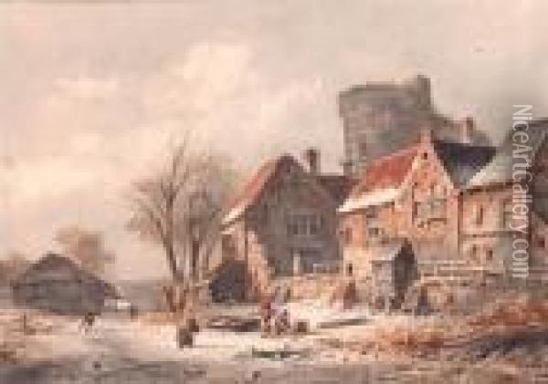 A Snow-covered Village With Figures On A Frozen Waterway Oil Painting - Adrianus Eversen