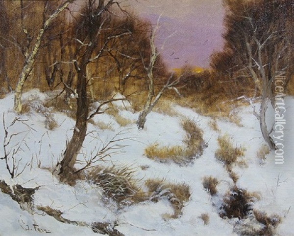 Sunset On A Snow Covered Field Oil Painting - John Fery