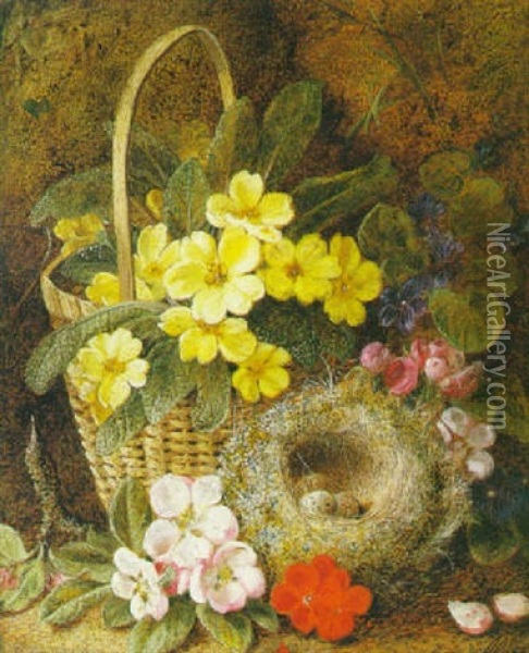 Still Life With Primroses In A Basket And Bird's Nest Oil Painting - George Clare