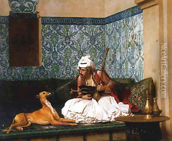 Une Plaisanterie (A Joke) (or Arnaut blowing Smoke at the Nose of his Dog) Oil Painting - Jean-Leon Gerome