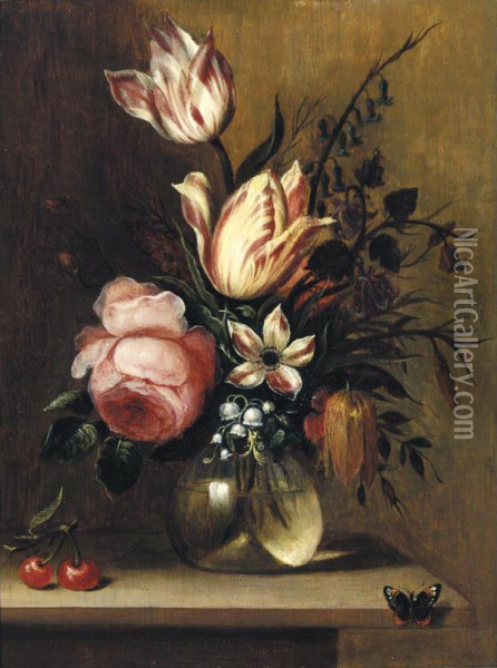 A Still Life With Tulips, A Pink Rose And Other Flowers In A Vase, Together With Cherries On A Wooden Ledge And A Butterfly Oil Painting - Hans Bollongier