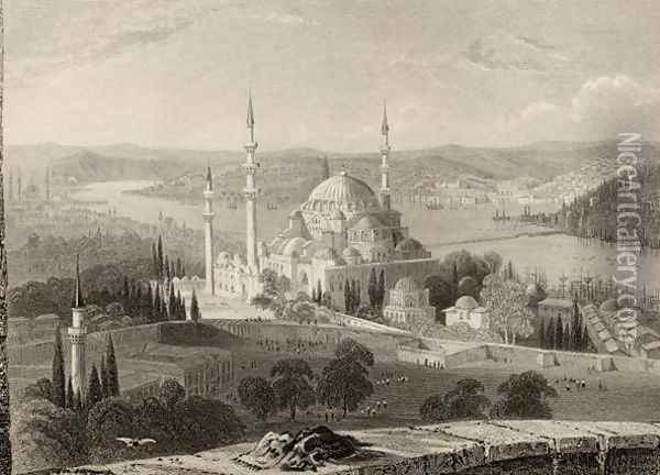 Mosque and Tomb of Sulieman, from the Seraskier's Tower, Istanbul, Turkey Oil Painting - William Henry Bartlett