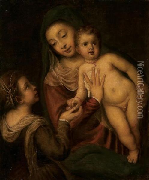 The Madonna And Child With Mary Magdalene Oil Painting - Tiziano Vecellio (Titian)