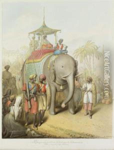 Un Nabab Et Son Entourage Transportes Sur Un Elephant Oil Painting - George Emmanuel Opitz
