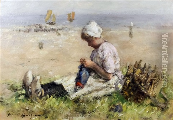 Young Dutch Girl Seated On Dunes Oil Painting - Robert Gemmell Hutchison