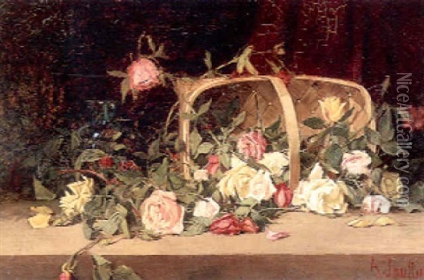 A Basket Of Mixed Roses Oil Painting - Amedee Joullin