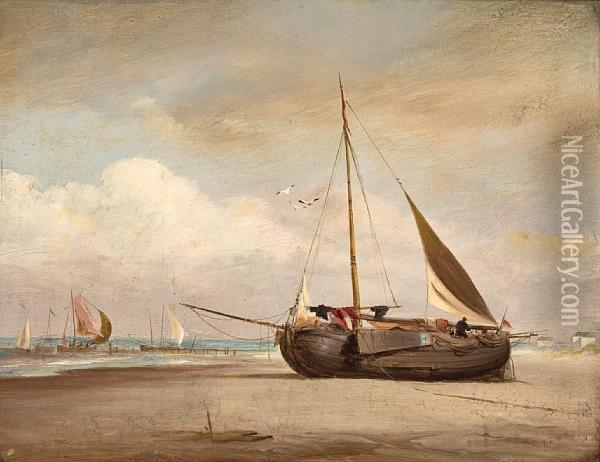 A Dutch Lugger Beached At Low Tide Oil Painting - George Chambers