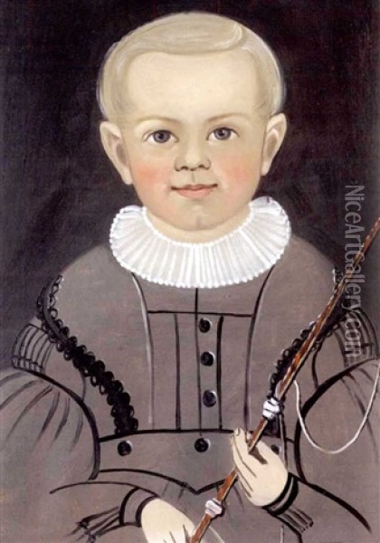 Young Blonde Boy With Rosy Cheeks In Gray Outfit With White Lace Collar, Holding Riding Crop Oil Painting - George G. Hartwell