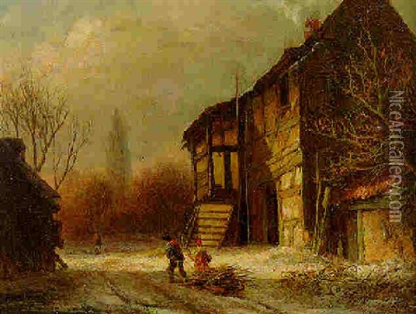 Wood Gatherers On A Snowy Track Oil Painting - Alexander Joseph Daiwaille