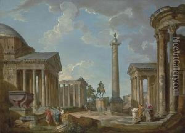 A Capriccio Of Roman Ruins With The Pantheon Oil Painting - Giovanni Niccolo Servandoni