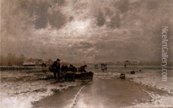 Eisfischer Mit Ihren Frauen In Weiter Hollandischer Fluslandschaft Oil Painting - Johann Jungblut
