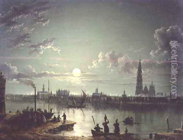 Rotterdam Harbour by Moonlight, 1835 Oil Painting - Sebastian Pether
