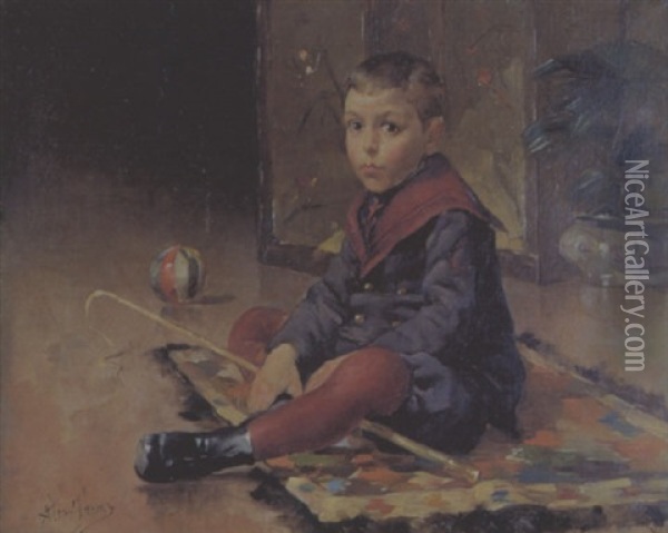 L'enfant A La Balle Oil Painting - Adrien-Andre Tamaux