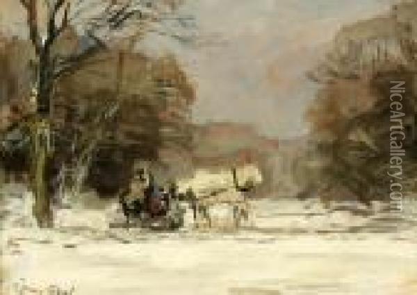 A Sledge Pulled By A Horse In A Winter Landscape Oil Painting - Louis Apol