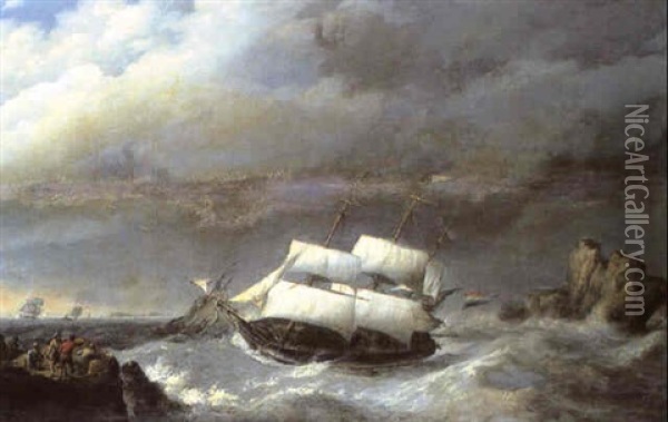 Dutch Shipping Off A Rocky Coastline Oil Painting - Johannes Hermanus Koekkoek