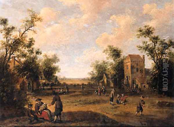 A village street with peasants resting and conversing Oil Painting - Cornelius Droochsloot