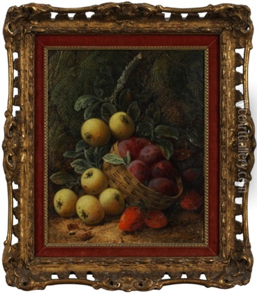 Plums In A Basket, Apples And Strawberries Against A Mossy Bank Oil Painting - George Clare