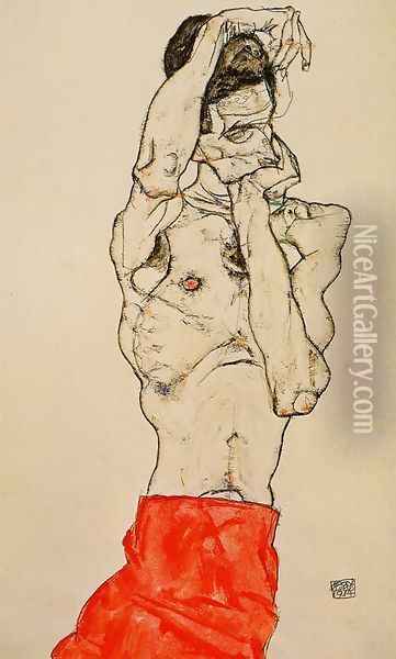 Standing Male Nude With A Red Loincloth Oil Painting - Egon Schiele